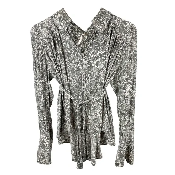 Free People Muse Snakeskin Python Button Front Long Sleeve Top Peasant Small - Picture 15 of 15